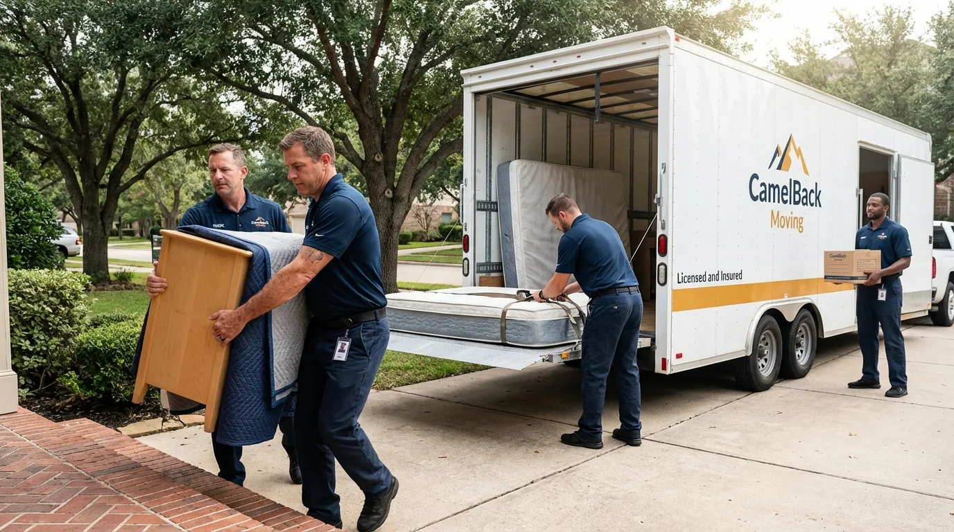 Crew loading residential truck for cross-state move from Monroeville, IN