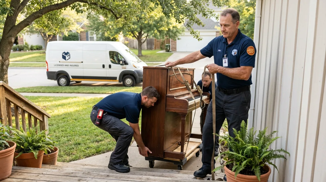 Licensed piano movers securing grand piano in Monroeville, IN