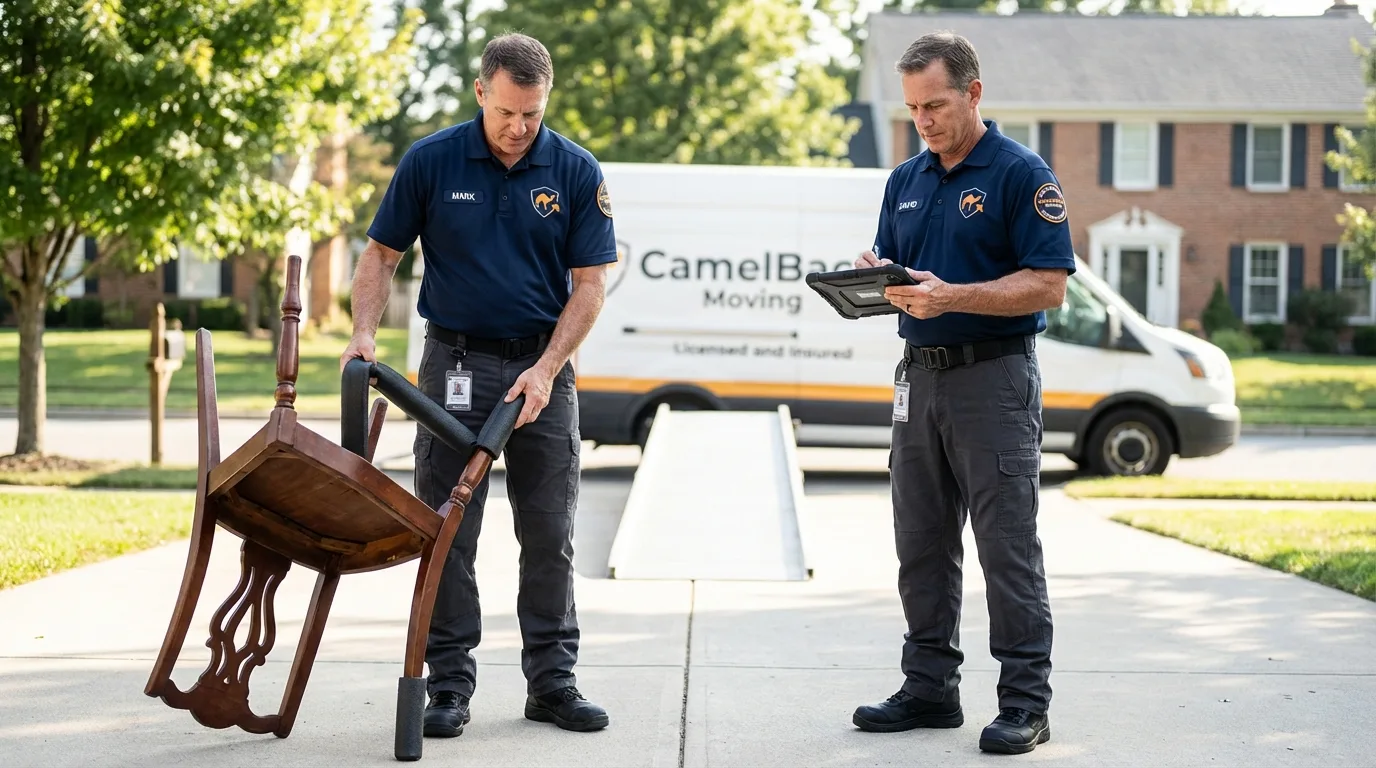 Movers inspecting furniture for damage prevention before loading in Monroeville, IN